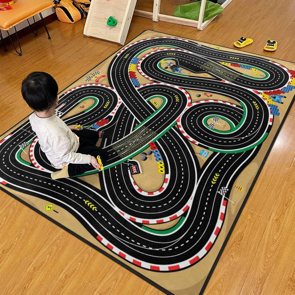 Kids Education Rug - Vibrant Multi Curve Racetrack Print Area